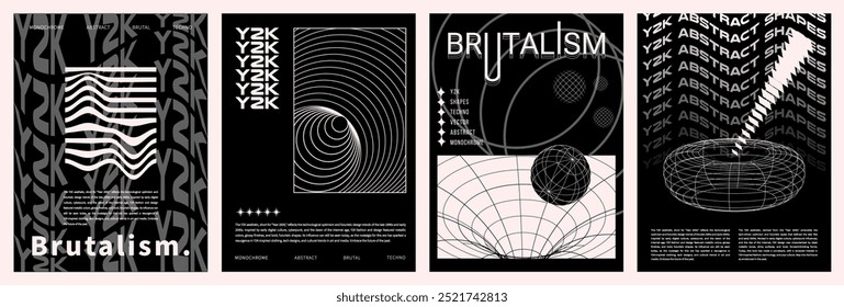 Carteles monocromáticos brutalistas con Formas de estructura de alambre 3D en estilo Y2K, Elementos geométricos cyberpunk en estética psicodélica. Formas retrofuturistas y Elementos de composición rave. Ilustración vectorial.