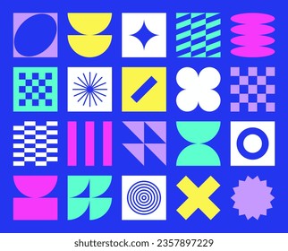 Brutalist naive playful simple shapes, Vaporwave 70s color, Cyber geometric design. Glitch effects. Neon trendy stickers Y2k color, square grid. Cyberpunk aesthetic, graphic design. icons, logotypes