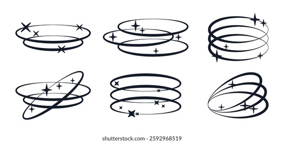 Brutalist oval frames. Abstract ellipse y2k shapes with stars and sparkles, Y2K retro frames flat vector illustration set. Brutalism minimal aesthetic icons