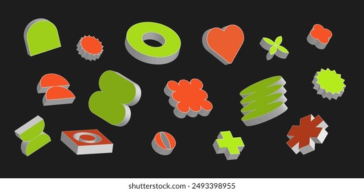 Brutalist playful simple 3d figures floating in space, Set of colorful abstract geometric shapes. Isolated elements for design. Vector elements suspended in a state of flux. Vaporwave 70s neon, 