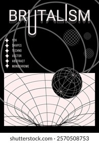 Brutalist poster with 3D wireframe shapes in Y2K style, cyberpunk geometric elements in psychedelic aesthetic on black background. Rave monochrome composition. Vector illustration.