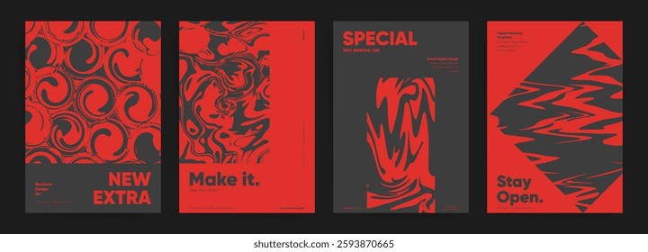 Brutalist poster collection with abstract liquid textures and bold typography. Red and black Geometric Shapes modern design for brochures, and digital visuals.