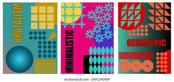 Brutalist poster design with simple geometric shapes - squares, triangles, circles in bright pink, green, yellow, and red - abstract modern art, vibrant minimalist vector illustration for contemporary
