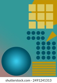 Cartel brutalista sobre fondo azul con Formas geométricas simples de color naranja y amarillo - cuadrados, triángulos, círculos - arte moderno abstracto, diseño de Vector minimalista vibrante para la decoración contemporánea