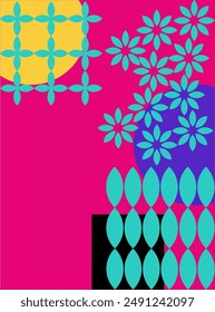 Cartel brutalista sobre fondo rosa con Formas geométricas amarillas, moradas y turquesas - cuadrados, triángulos, círculos - arte moderno abstracto, diseño de Vector minimalista vibrante para la decoración contemporánea