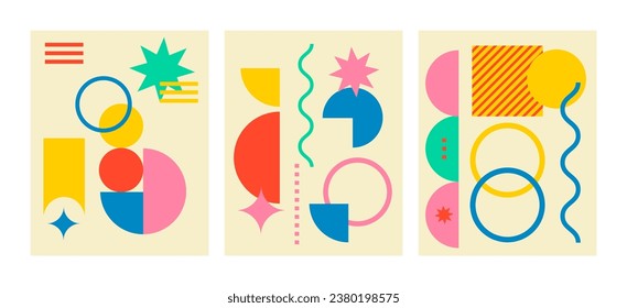 Brutalist posters set with abstract geometric shapes and naive grids. Brutal contemporary figure star oval spiral wave and other primitive elements. Swiss design aesthetic. Vector illustration