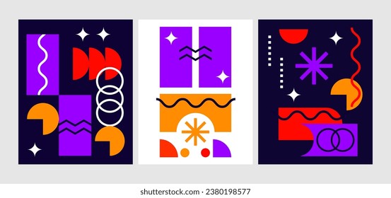 Brutalist posters set with abstract geometric shapes and naive grids. Brutal contemporary figure star oval spiral wave and other primitive elements. Swiss design aesthetic. Vector illustration