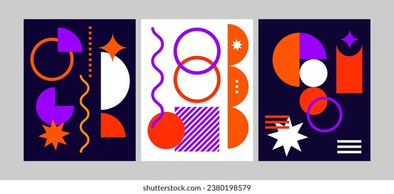 Brutalist posters set with abstract geometric shapes and naive grids. Brutal contemporary figure star oval spiral wave and other primitive elements. Swiss design aesthetic. Vector illustration