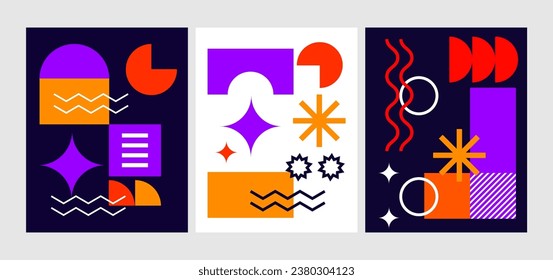 Afiches brutales con formas geométricas abstractas y redes ingenuas. Brutal ola espiral ovalada de estrellas de figuras contemporáneas y otros elementos primitivos. Estética de diseño suizo. Ilustración del vector
