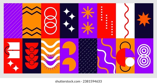 Brutalist posters set with abstract geometric shapes and naive grids. Brutal contemporary figure star oval spiral wave and other primitive elements. Swiss design aesthetic. Vector illustration