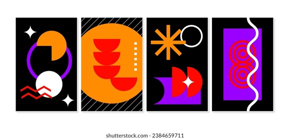 Afiches brutales con formas geométricas abstractas y redes ingenuas. Brutal ola espiral ovalada de estrellas de figuras contemporáneas y otros elementos primitivos. Estética de diseño suizo. Ilustración del vector