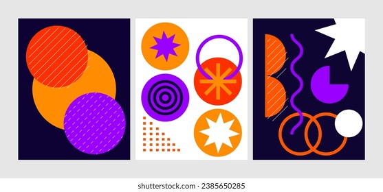 Brutalist posters set with abstract geometric shapes and naive grids. Brutal contemporary figure star oval spiral wave and other primitive elements. Swiss design aesthetic. Vector illustration