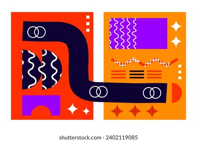 Afiches brutales con formas geométricas abstractas y redes ingenuas. Brutal figura contemporánea estrella de la espiral oval y otros elementos y texturas primitivas. Estética de diseño suizo. Vector 