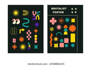 Brutalist posters set with naive playfull shapes and smile stickers. Retro abstract shapes backgrounds. Brutal contemporary figure circle oval wave patterns. Geometric posters in modern brutalism