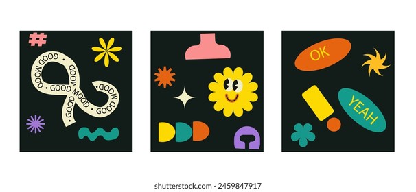 Brutalist posters set with naive playfull shapes and smile stickers. Retro abstract shapes backgrounds. Brutal contemporary figure circle oval wave patterns. Geometric posters in modern brutalist styl