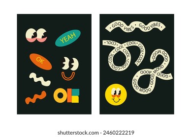 Brutalist posters set with naive playfull shapes and smile stickers. Retro abstract shapes backgrounds. Brutal contemporary figure circle oval wave patterns. Geometric posters in modern brutalism