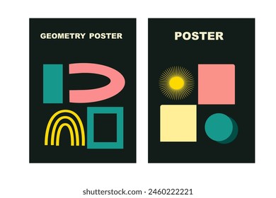 Brutalist posters set with naive playfull shapes and smile stickers. Retro abstract shapes backgrounds. Brutal contemporary figure circle oval wave patterns. Geometric posters in modern brutalism