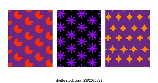 Brutalist posters set with seamless patterns of abstract geometric shapes. Brutal contemporary figure star oval spiral wave and other primitive elements. Swiss design aesthetic. Vector illustration