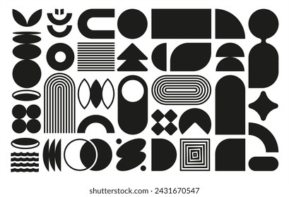 Brutalist set abstract geometric primitive shapes and grids. aesthetic contemporary figure circle triangle square star oval line spiral simple elements. vector illustration modern Bauhaus memphis 