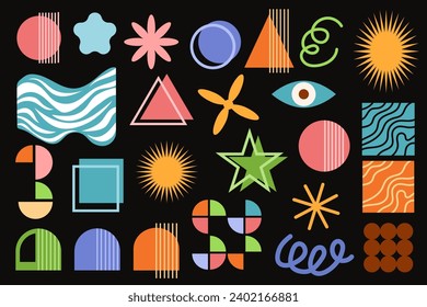 Brutalist set of abstract shapes in flat style. Bauhaus vintage design collection. Set of abstract retro geometric shapes figure, flower, sun, square, lines. Vector illustration isolated.