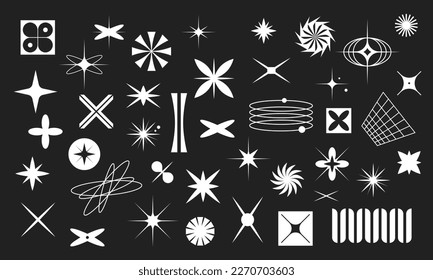 Brutalist set geometric shapes, futuristic vector elements. Simple flat retro icons. Primitive bauhaus figures of stars, squares, grid, circle, abstract illustrations.