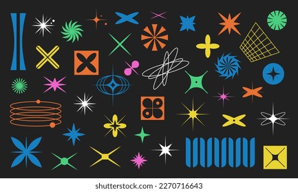 Brutalist set geometric shapes, futuristic vector elements. Simple flat retro icons. Primitive bauhaus figures of stars, squares, grid, circle, abstract illustrations.