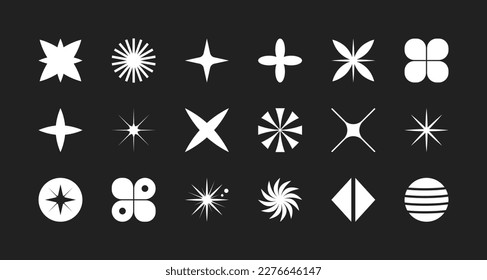 Brutalist set geometric shapes, futuristic vector elements. Simple flat retro icons. Primitive bauhaus figures of stars, squares, circle, y2k, abstract illustrations.