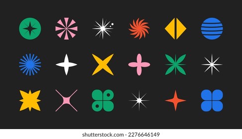 Brutalist set geometric shapes, futuristic vector elements. Simple flat retro icons. Colorful primitive bauhaus figures of stars, squares, circle, y2k, abstract illustrations.