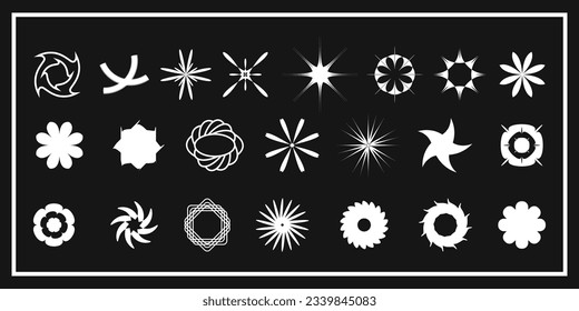 Brutalist set of geometric shapes, futuristic vector elements. Black and White simple flat vector icons. Icons of stars, squares, polygons, circle, abstract illustrations.