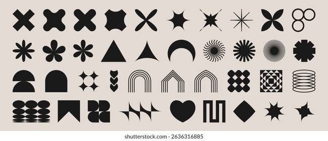 Brutalist shape set. Black geometric symbols - crosses and stars, flowersand circles, arches and hearts on beige background. Minimalist abstract design elements with spiral patterns for modern graphic