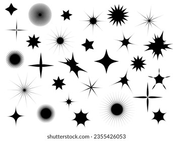 Brutalist shape star, Y2k style, Retro, Graphic Geometric. Set of vector graphic resources in black and white color. Stars of different shapes, elements for templates of posters, postcards, websites.