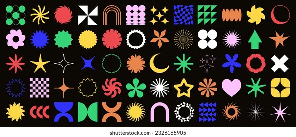 Brutalist Shapes, Cool Geometric Forms. Bauhaus Minimalist Graphic Design Elements. Trendy Y2K Vector Signs. Simple Star and Flower Basic Shapes.