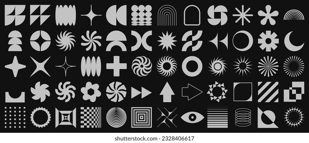 Brutalist Shapes, Cool Geometric Forms. Bauhaus Minimalist Graphic Design Elements. Trendy Y2K Vector Signs. Simple Star and Flower Basic Shapes.