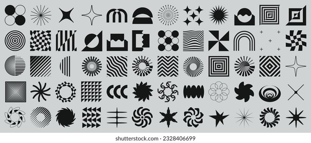 Brutalist Shapes, Cool Geometric Forms. Bauhaus Minimalist Graphic Design Elements. Trendy Y2K Vector Signs. Simple Star and Flower Basic Shapes.