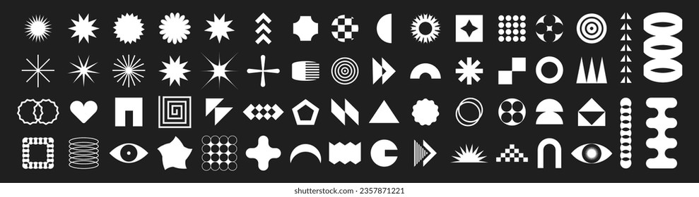 Brutalist Shapes, Cool Geometric Forms. Geometric brutalism forms sticker. Y2k style graphic design. Star burst sticker vector set. Vector illustration