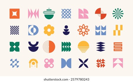 Brutalist Shapes, Cool Geometric Forms. Bauhaus Minimalist Graphic Design Elements. Trendy Y2K Vector Signs. Simple Star and Flower Basic Shapes.