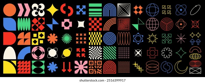 Formas brutalistas, formas geométricas. Elementos de Diseño gráfico minimalista Bauhaus. Señales de Vector Y2K de moda. Brutal figura contemporánea estrella ovalada círculo espiral y otros Elementos primitivos.