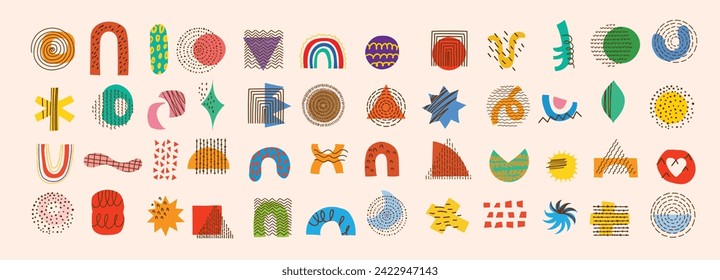 Brutalist shapes for minimal style design. Constructor of trendy geometric postmodern primitive figures. Vector illustration of brutalist contemporary star, oval, flower, line and forms