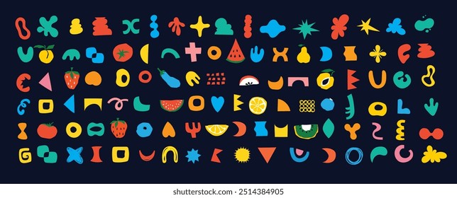 Brutalist shapes for minimal style design. Constructor of trendy geometric postmodern primitive figures. Vector illustration of brutalist contemporary star, oval, flower, line and forms