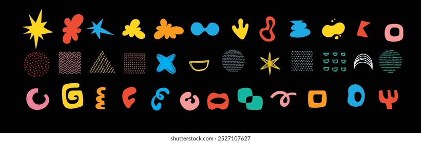 Brutalist shapes for minimal style design. Constructor of trendy geometric postmodern primitive figures. Vector illustration of brutalist contemporary star, oval, flower, line and forms