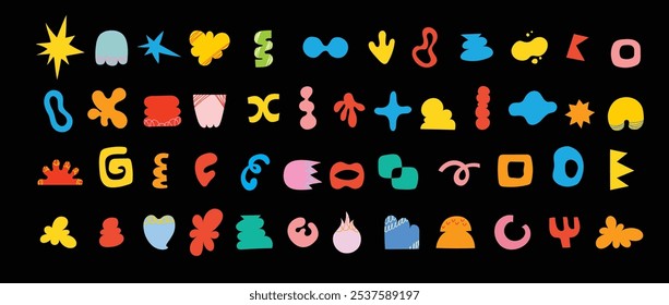 Brutalist shapes for minimal style design. Constructor of trendy geometric postmodern primitive figures. Vector illustration of brutalist contemporary star, oval, flower, line and forms