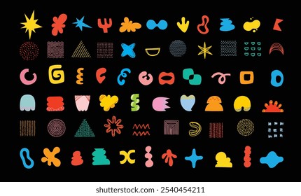 Brutalist shapes for minimal style design. Constructor of trendy geometric postmodern primitive figures. Vector illustration of brutalist contemporary star, oval, flower, line and forms