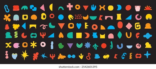 Brutalist shapes for minimal style design. Constructor of trendy geometric postmodern primitive figures. Vector illustration of brutalist contemporary star, oval, flower, line and forms