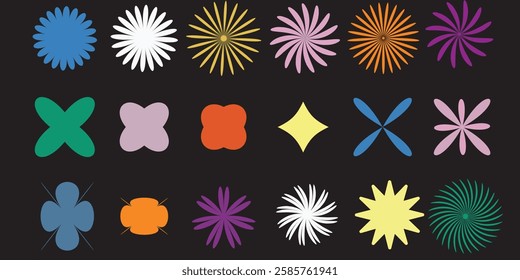 Brutalist shapes, minimalist geometric elements, abstract  forms. Simple star and flower shape, basic form, trendy modern graphic element vector set. Variety Design. eps 10