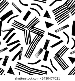 Brutalist shapes seamless pattern. Trendy geometric postmodern figures, stamps and straight lines. Hand drawn grunge  geometric strokes. Abstract trendy minimalist basic figures.