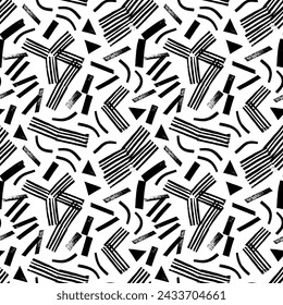 Brutalist shapes seamless pattern. Trendy geometric postmodern figures, stamps and straight lines. Hand drawn grunge  geometric strokes. Abstract trendy minimalist basic figures.