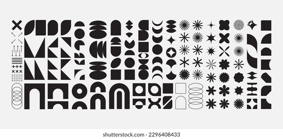 Brutalist shapes for swiss minimal style design. Constructor of trendy geometric postmodern primitive figures. Vector illustration of brutalist bauhaus contemporary star, oval, flower, line and forms
