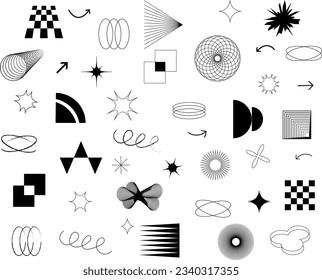 Brutalist shapes for swiss minimal style design. Set of vector graphic resources in black and white color.Different forms, objects, elements for templates of posters, postcards, websites, app, clothes