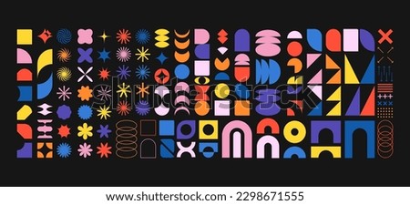 Brutalist shapes for swiss minimal style design. Constructor of trendy geometric postmodern primitive figures. Vector illustration of brutalist bauhaus contemporary star, oval, flower, line and forms 商業照片 © 