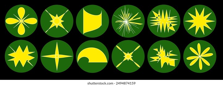 Brutalist sticker set with unusual yellow shapes on black and green backgrounds. Unique geometric designs, abstract modern art, and minimalist vector illustration perfect for contemporary decor.